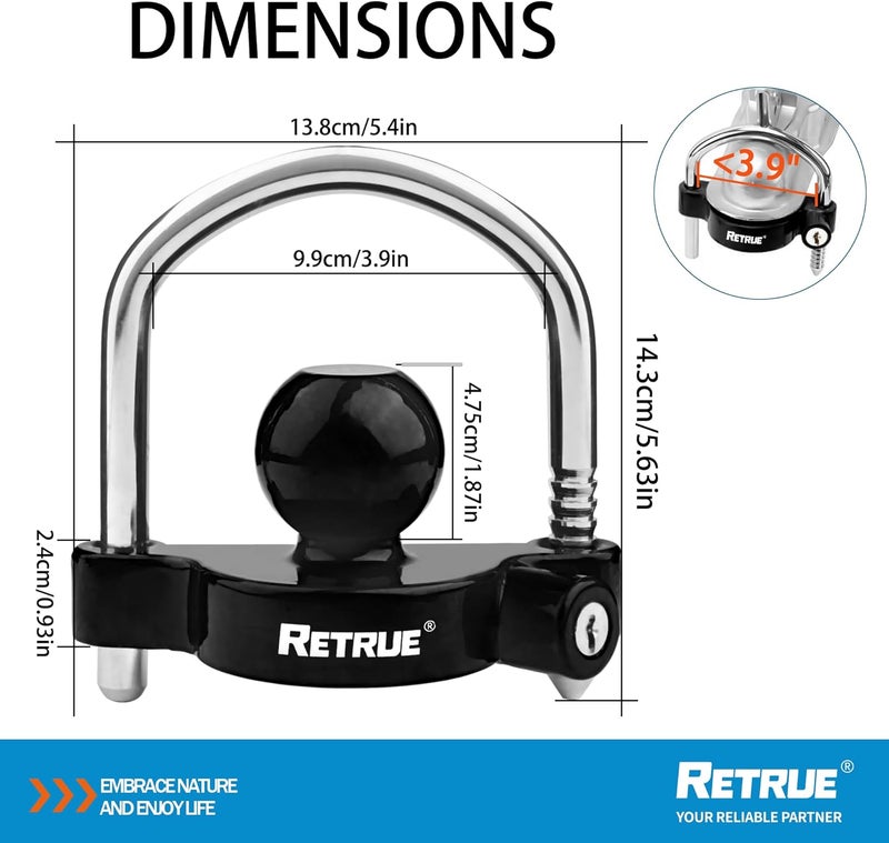 RETRUE Universal Coupler Lock Trailer Locks Ball Hitch Trailer Hitch Lock Adjustable Security Heavy-Duty Steel Fits 1-7/8 Inch, 2 Inch, 2-5/16 Inch Couplers Black (Pack of 2) - Image 2